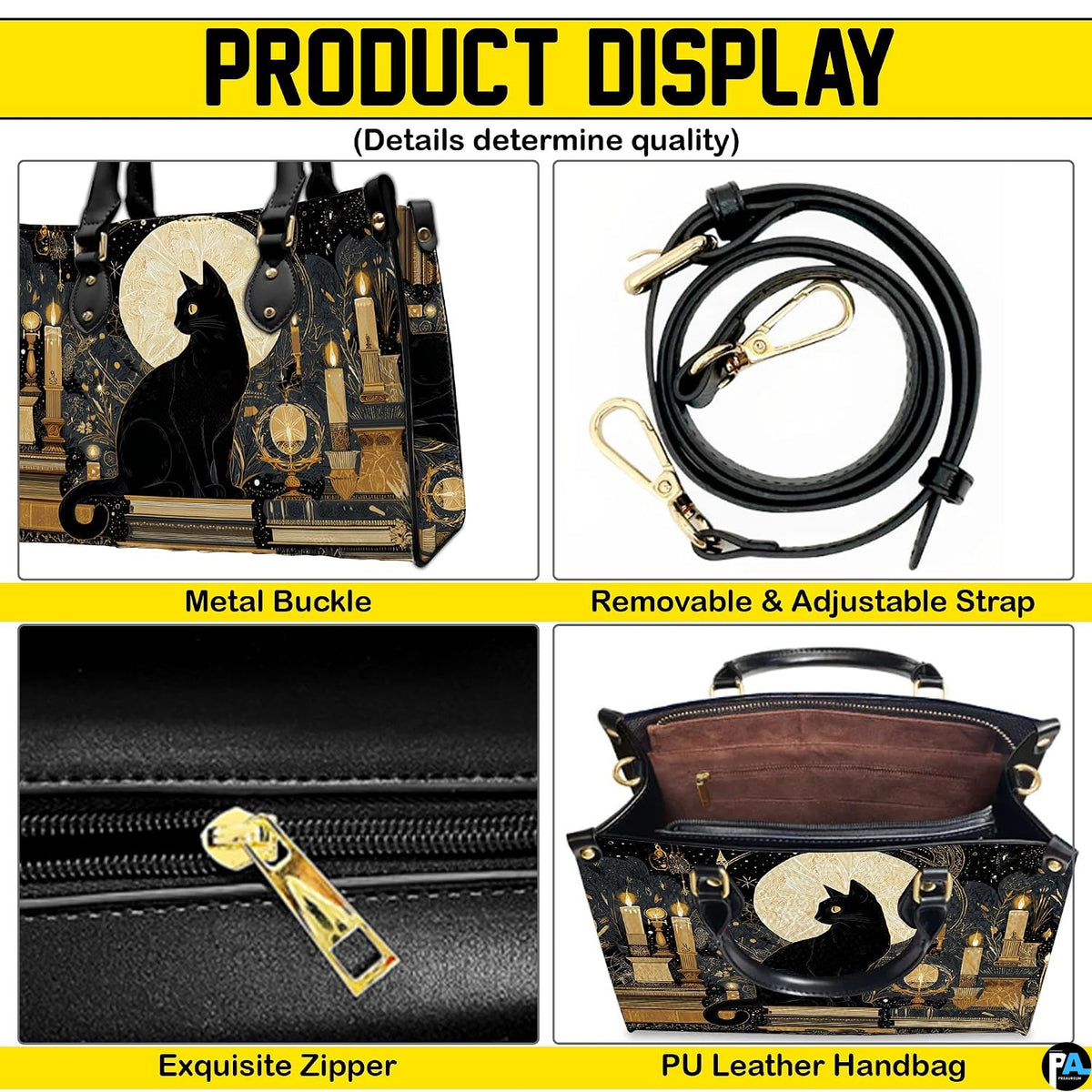 Four-panel layout presenting close-up visual accents of the black cat candles art.
