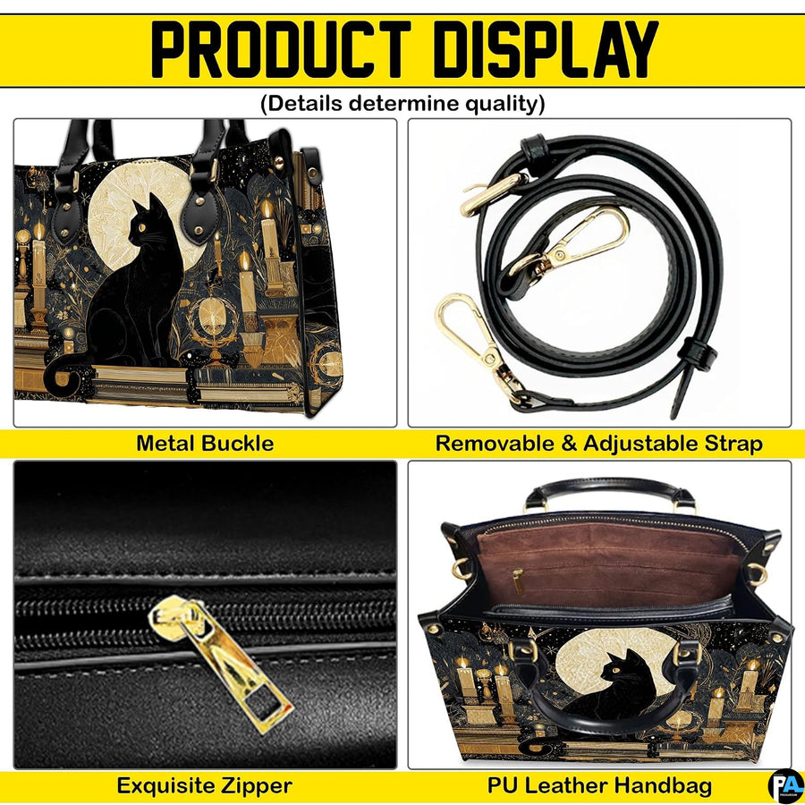 Four-panel layout presenting close-up visual accents of the black cat candles art.
