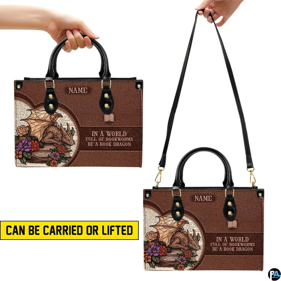 Demonstration of handbag carrying methods showing top handle lift and shoulder strap wear