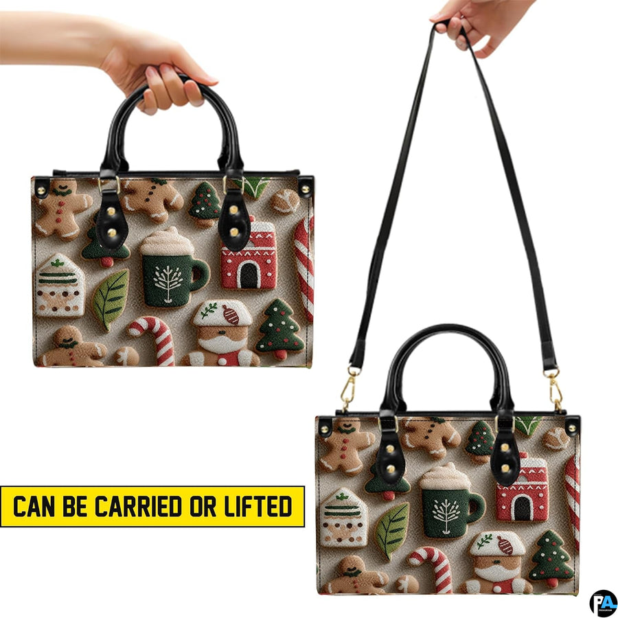 Dual lifestyle view demonstrating carrying presentation of gingerbread bakery artwork.
