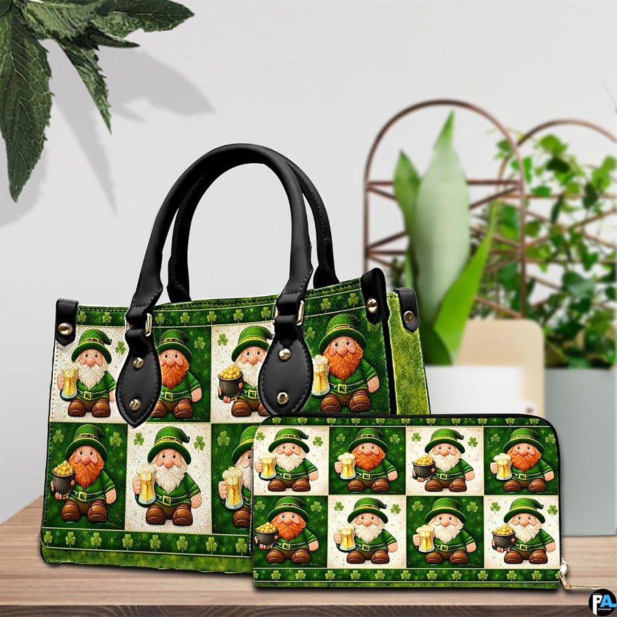 Green leprechaun collage handbag and matching wallet on table