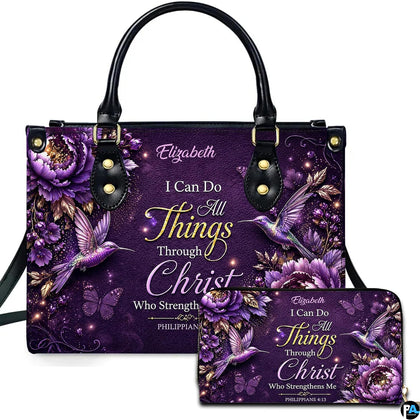 Purple floral purse and coordinated wallet with hummingbirds, butterflies and glowing accents