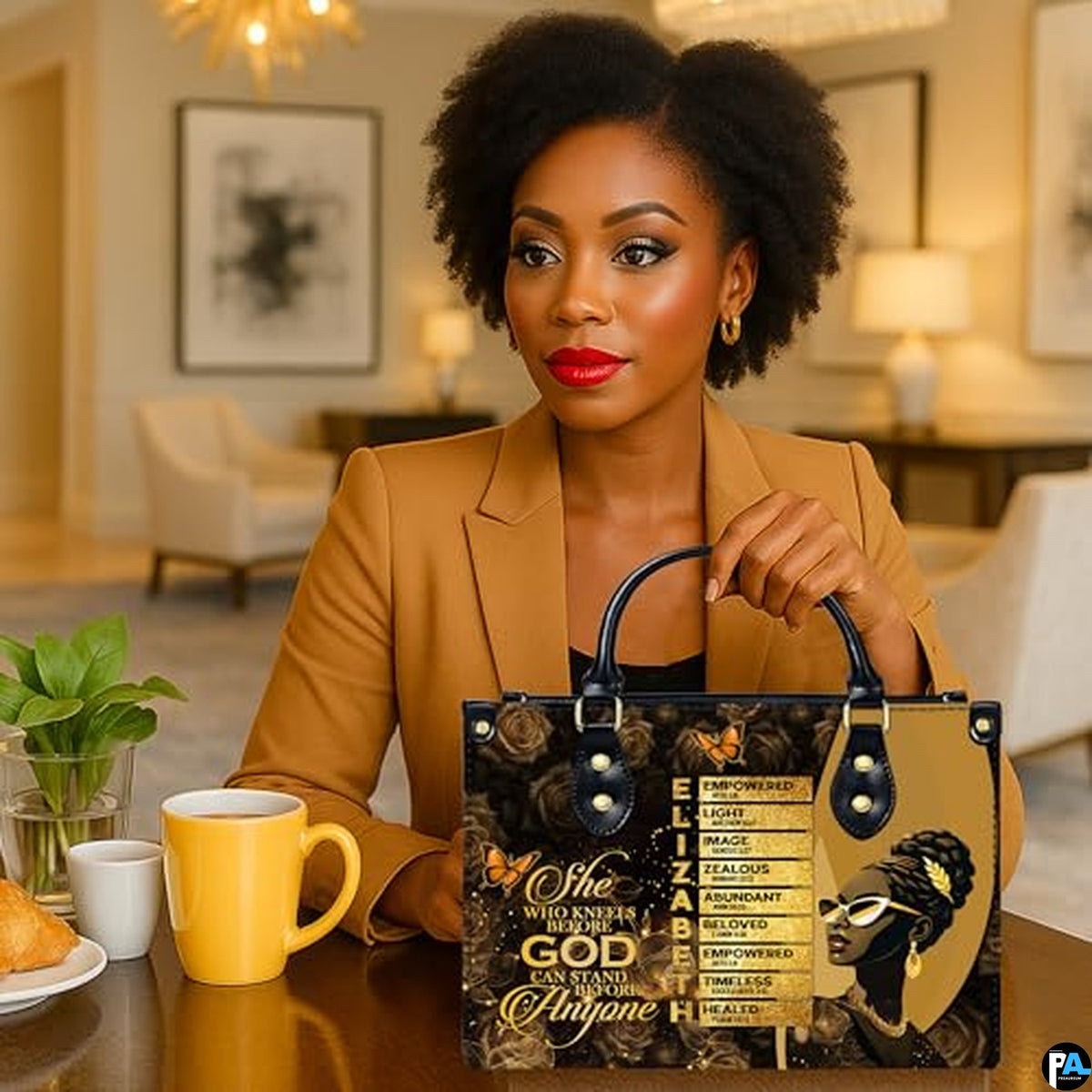 Personalized African American Woman Gold Rose Handbag - Design 01