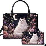 Fluffy White Cat Crescent Moon Botanical Floral Art Design