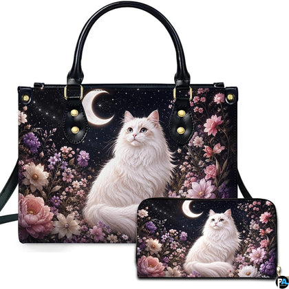 Studio presentation showing celestial white cat artwork alongside matching companion accessory on white surface.