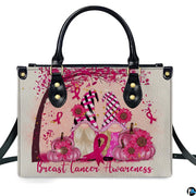 Pink ribbon art accessory showcasing whimsical gnomes, pink pumpkins, and sunflowers under an autumn tree.