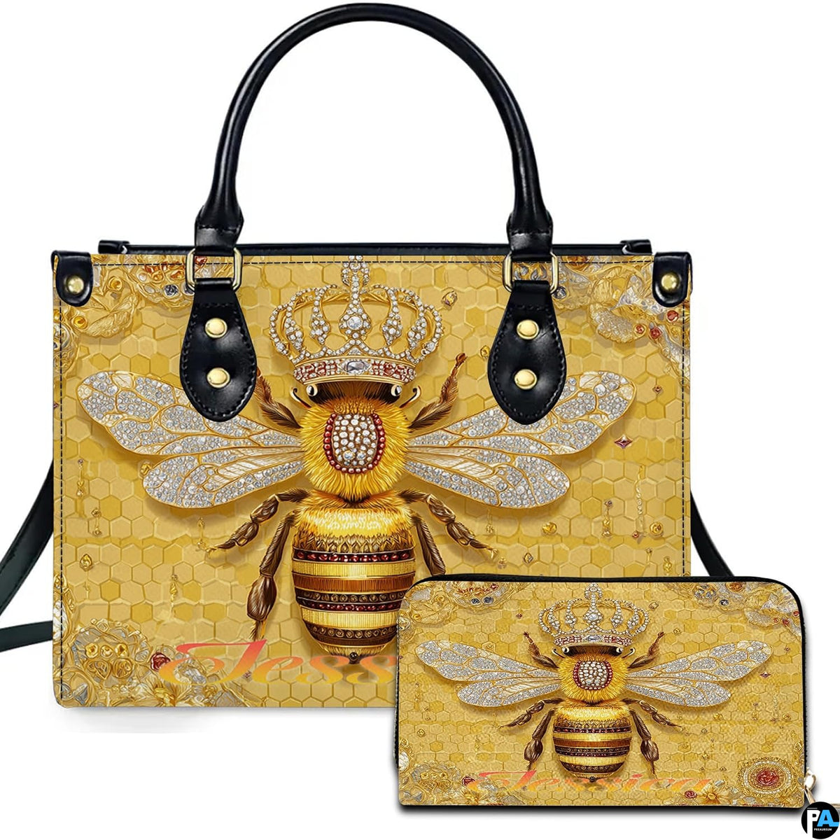 Golden honeycomb bee handbag and matching zip wallet displayed against studio background with crown details.