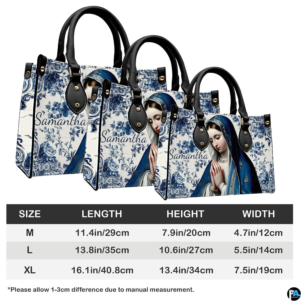 Size comparison chart displaying dimensions for blue tile Virgin Mary handbag.