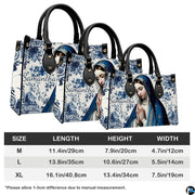 Size comparison chart displaying dimensions for blue tile Virgin Mary handbag.