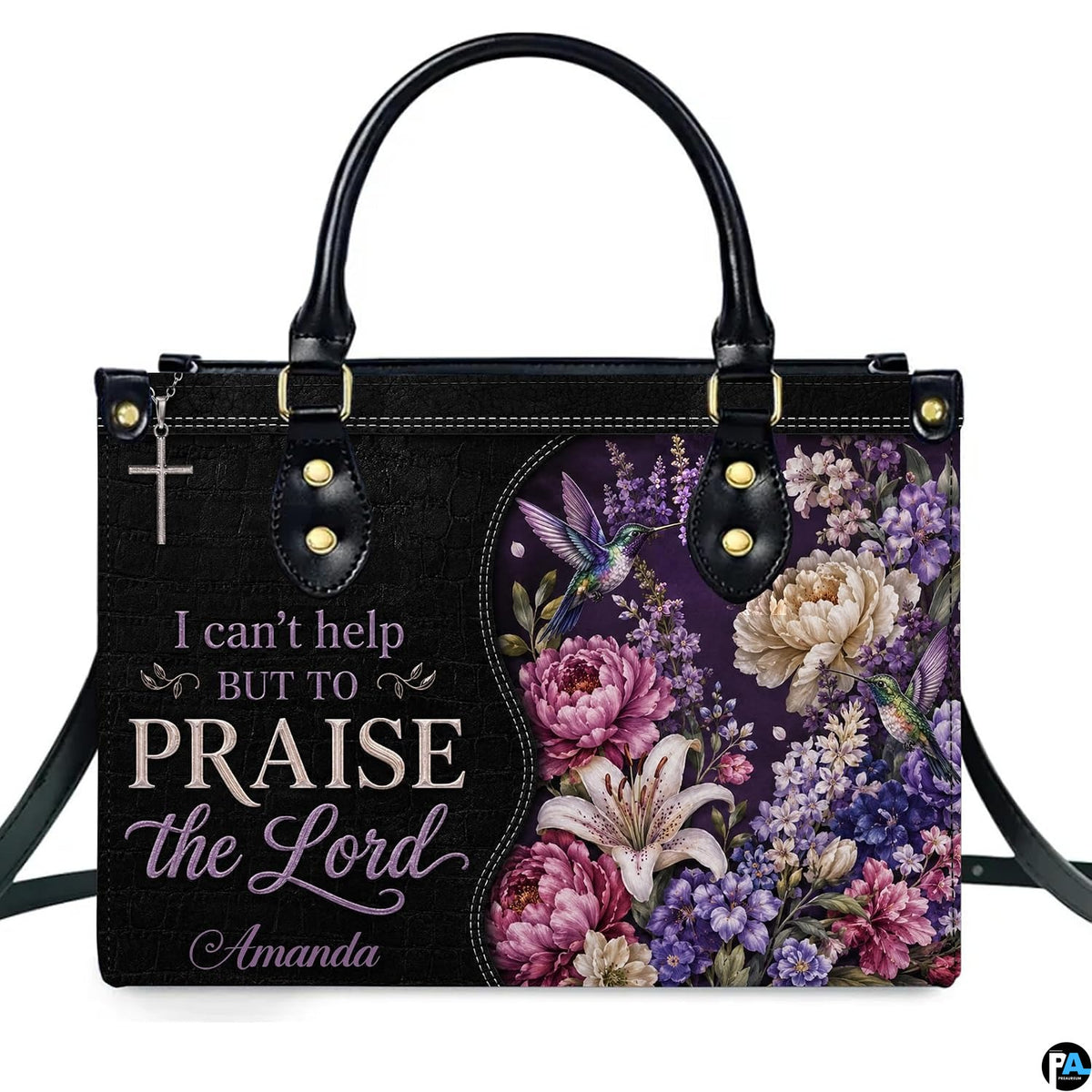Side perspective of purple hummingbird floral handbag showing structured shape