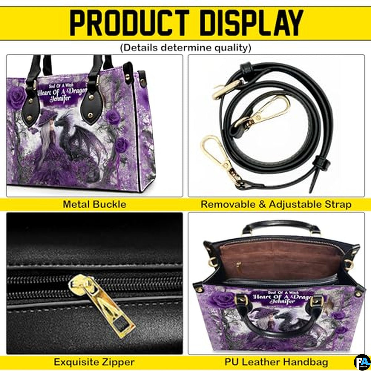 Personalized Purple Witch and Dragon Art Handbag