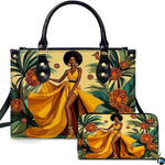 Black woman in a dramatic golden yellow gown framed by tropical palm fronds and orange botanicals.