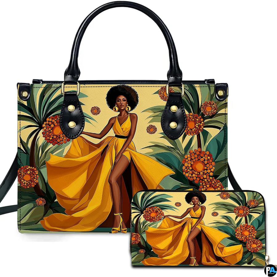 Black woman in a dramatic golden yellow gown framed by tropical palm fronds and orange botanicals.