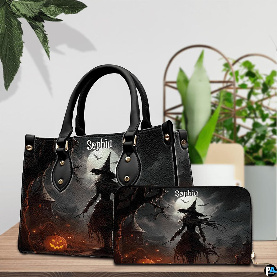 Close-up perspective detailing the dark fantasy witch art tattered hem, pointed cap, and glowing gourd.