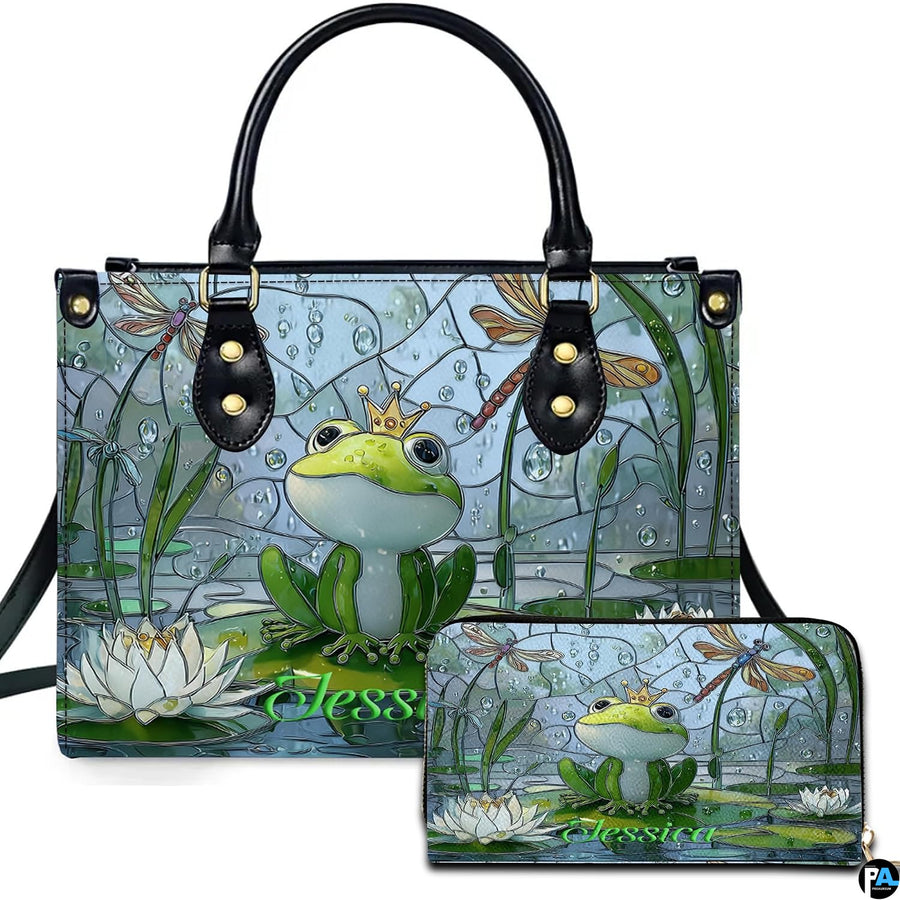 Stained glass frog prince handbag and matching wallet set featuring crowned frog on lily pad.