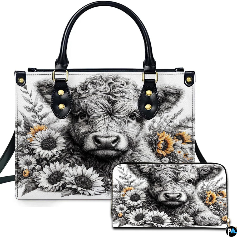 Highland Cow Leather Handbag Custom Cow Purse for Women Country Farm PU Leather Tote Gifts for Farmers Girls Mom Gift
