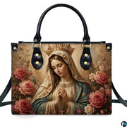 Back view of crowned Virgin Mary sacred art handbag