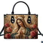Back view of crowned Virgin Mary sacred art handbag