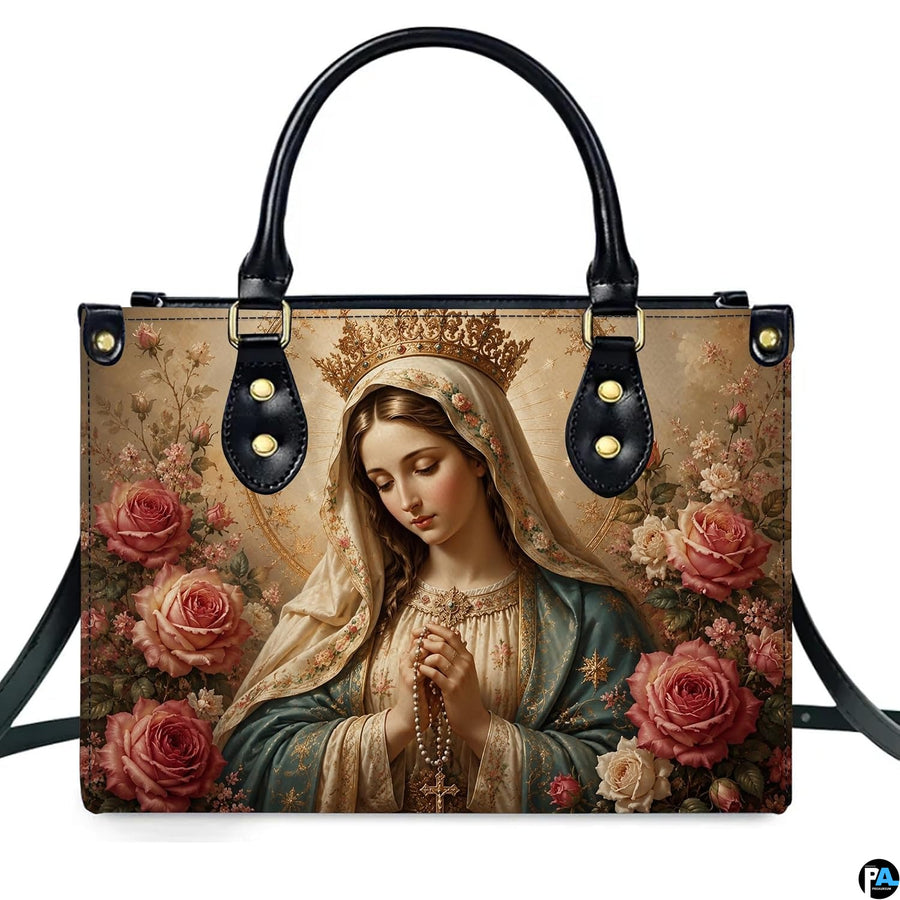 Back view of crowned Virgin Mary sacred art handbag