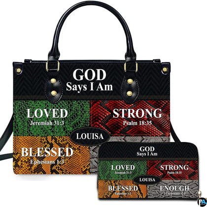 Christian scripture handbag and matching wallet featuring a four-color reptile patchwork and biblical verses.