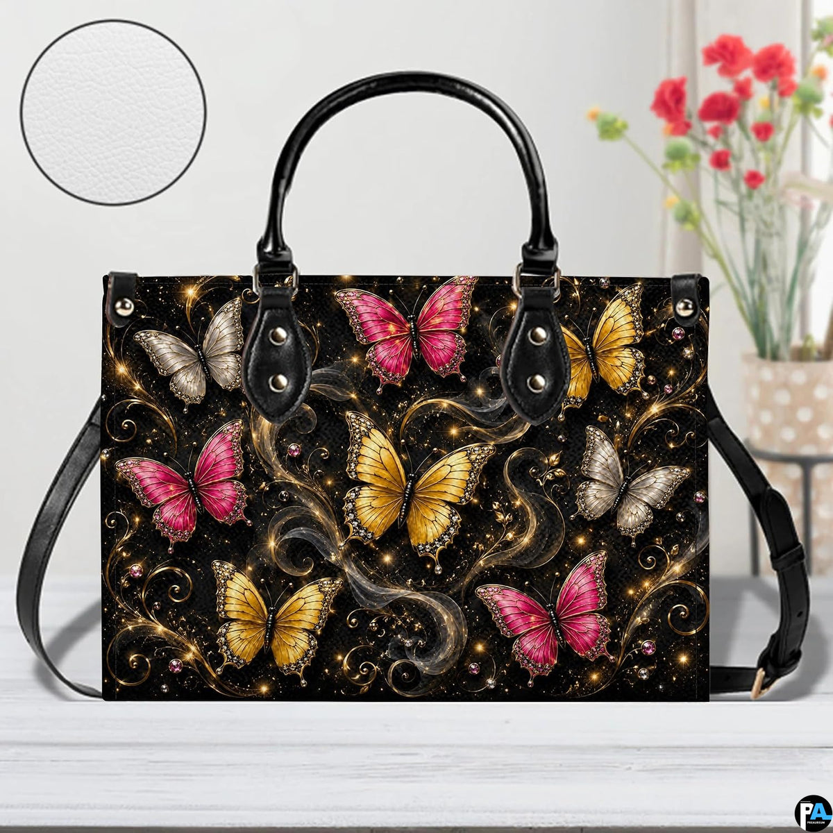 Front tabletop presentation of glowing butterfly artwork placed beside floral vase and circular texture inset.