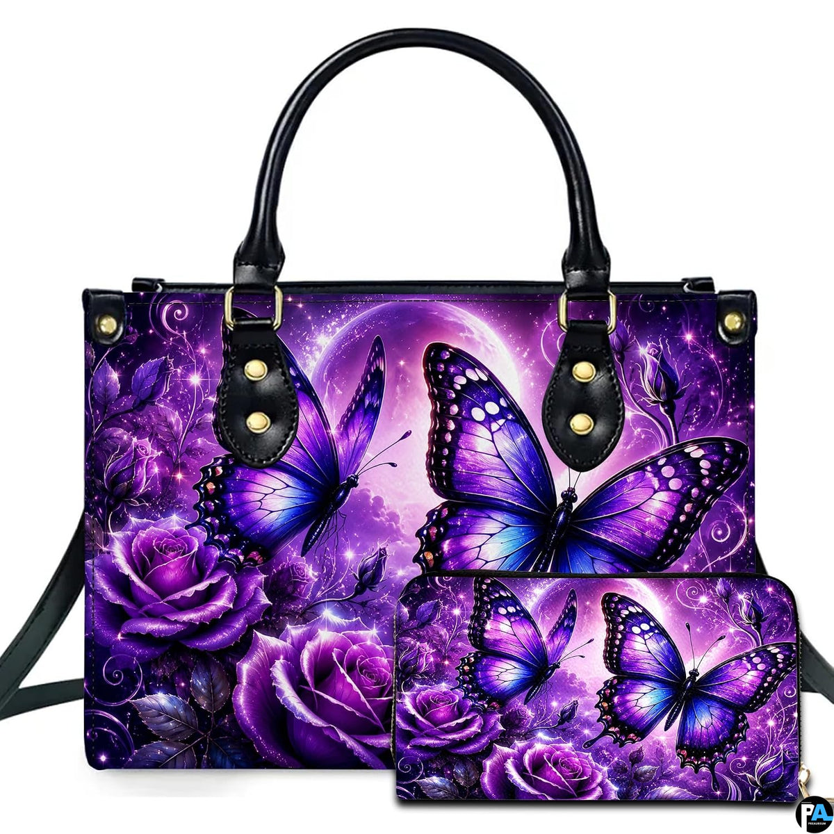 Purple moonlight butterfly handbag and matching wallet set