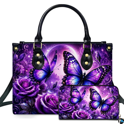 Purple moonlight butterfly handbag and matching wallet set