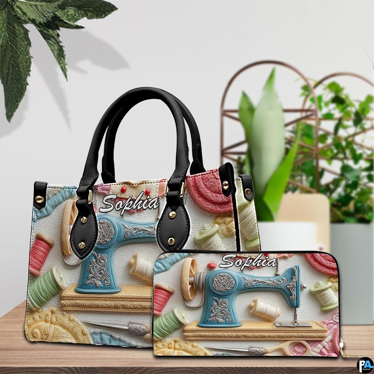 Tabletop styling of vintage blue sewing machine design positioned beside delicate indoor decor.