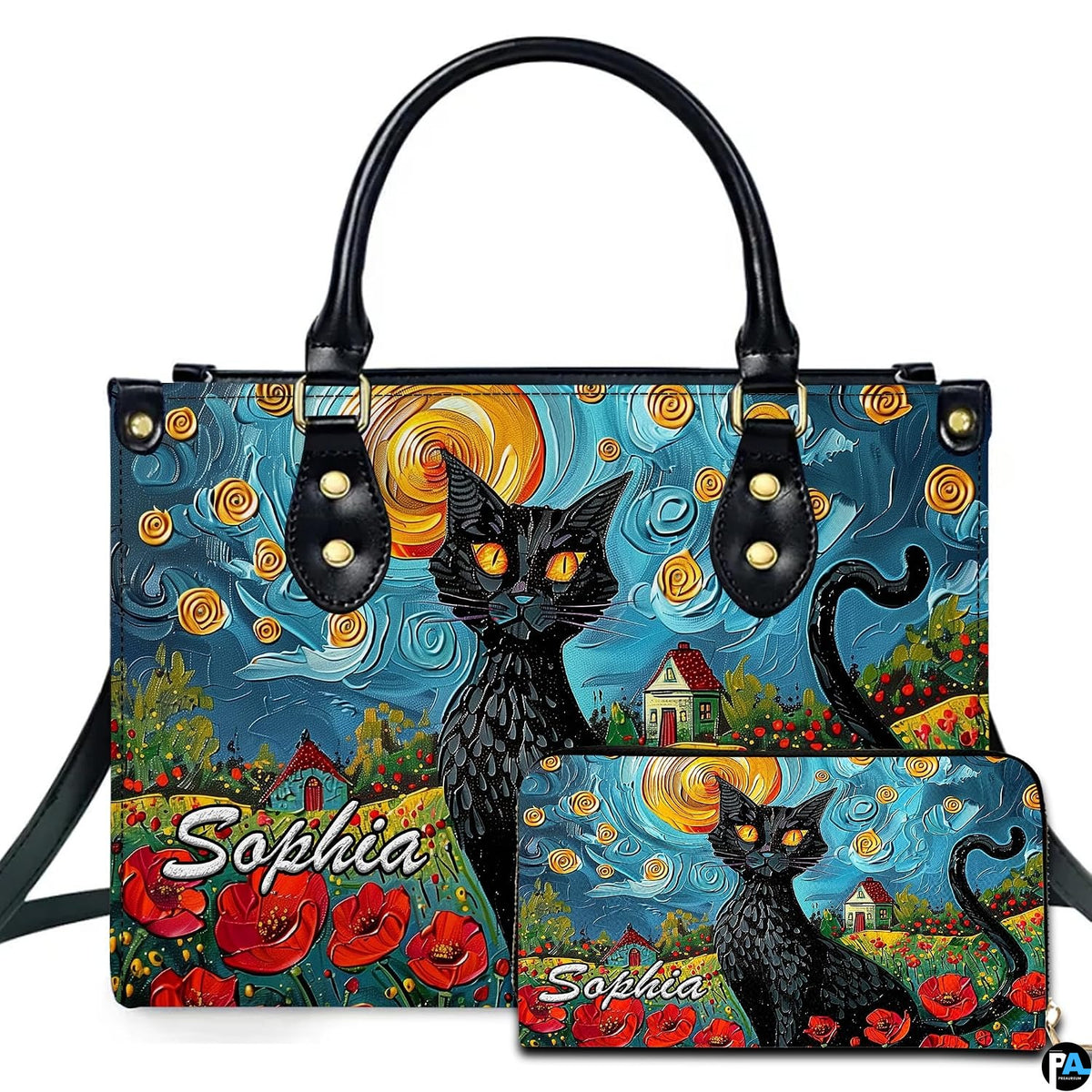 Van gogh cat art presentation displaying black cat seated before swirling starry skies and vibrant red poppy fields.
