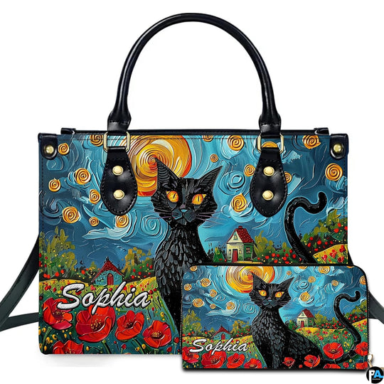 Van gogh cat art presentation displaying black cat seated before swirling starry skies and vibrant red poppy fields.