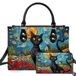 Van gogh cat art presentation displaying black cat seated before swirling starry skies and vibrant red poppy fields.