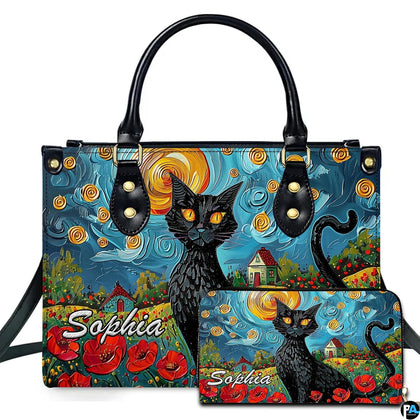 Van gogh cat art presentation displaying black cat seated before swirling starry skies and vibrant red poppy fields.