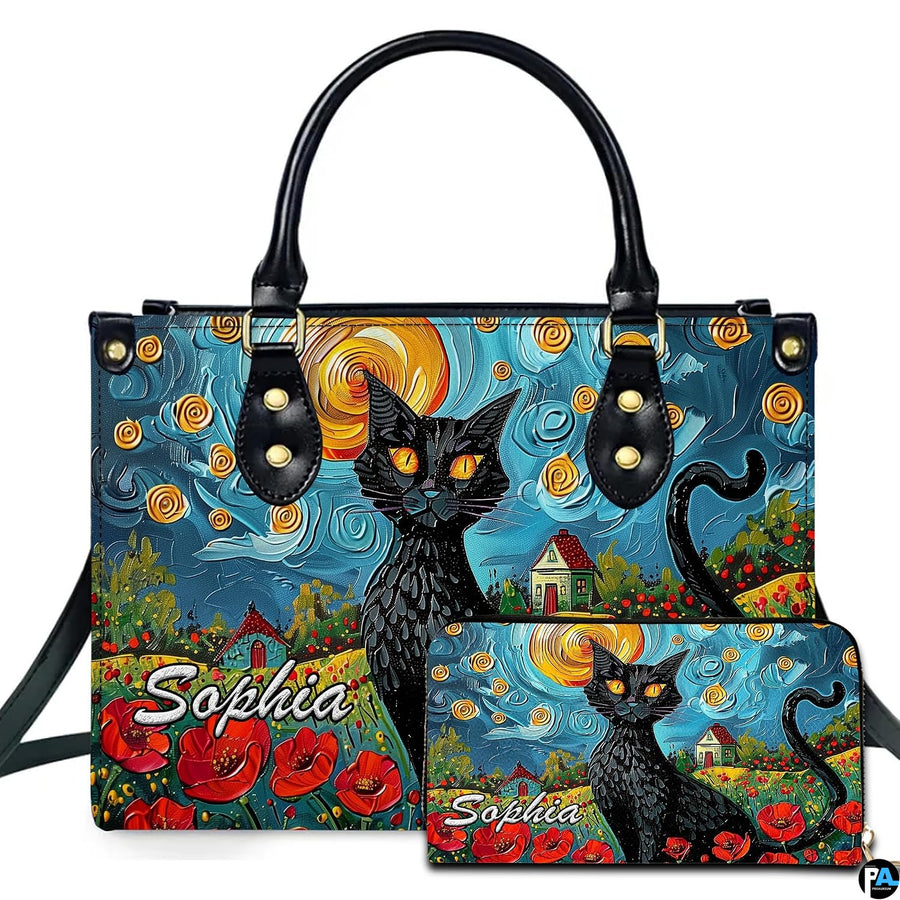 Van gogh cat art presentation displaying black cat seated before swirling starry skies and vibrant red poppy fields.