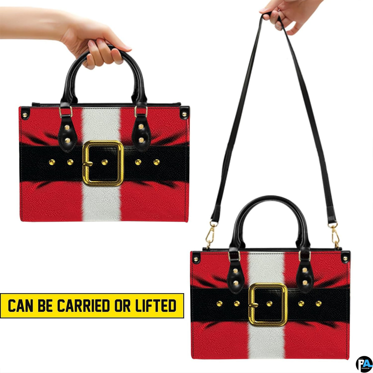 Carrying options demonstration displaying top handle and long shoulder strap styles for the Santa suit handbag.