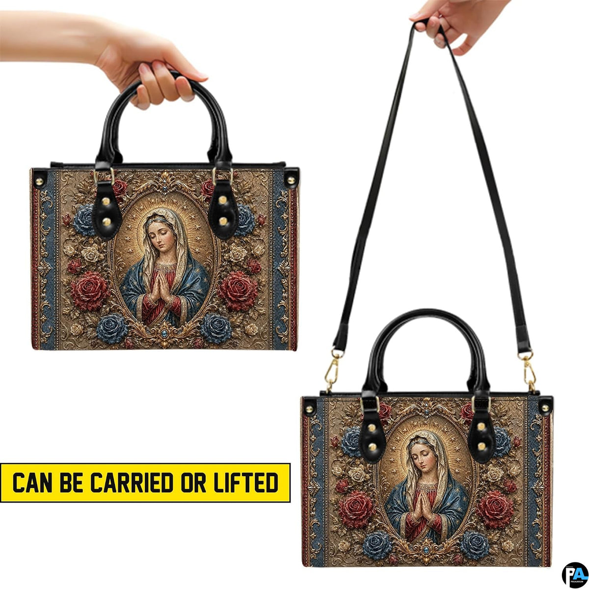 Demonstration of top handle carrying and crossbody shoulder strap methods