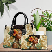 Coordinated indoor arrangement displaying tropical portrait artwork and companion accessory beside greenery.