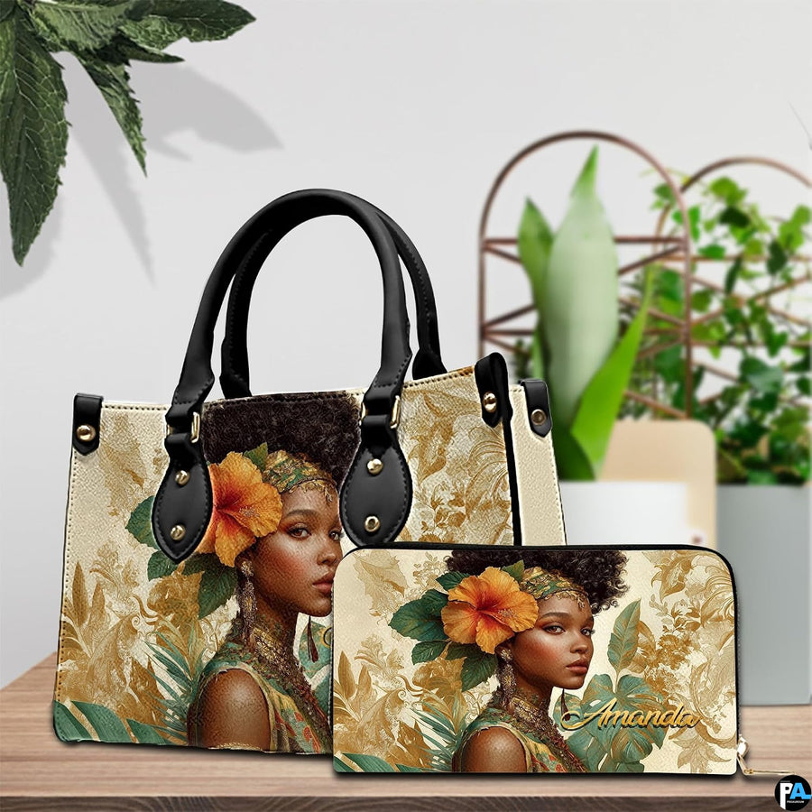 Coordinated indoor arrangement displaying tropical portrait artwork and companion accessory beside greenery.