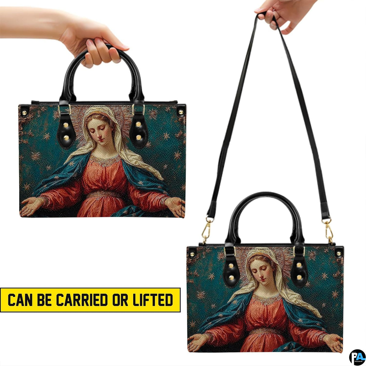 Handbag presented showing shoulder and top carry styling perspectives