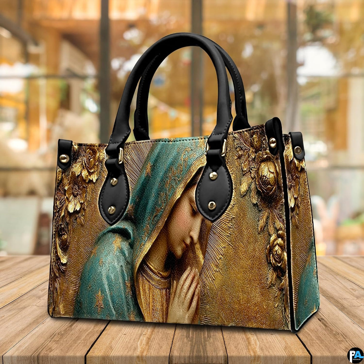Complete matching handbag and wallet set in sculpted golden Virgin Mary arrangement