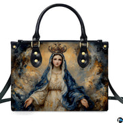 Front view of crowned Virgin Mary devotional handbag against white background