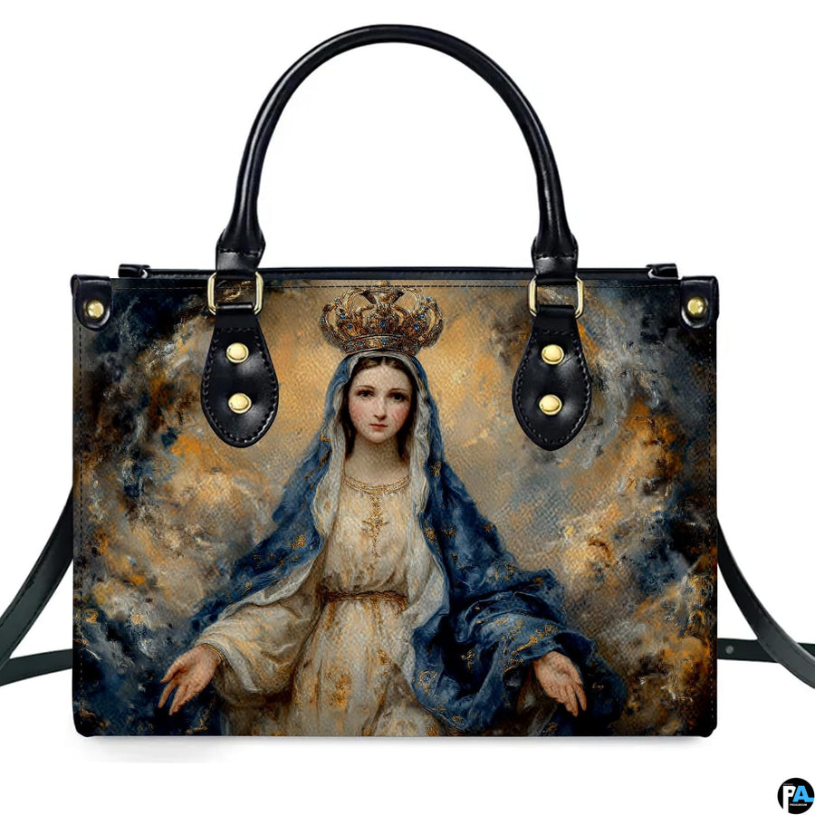 Front view of crowned Virgin Mary devotional handbag against white background