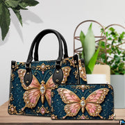 Lifestyle tabletop view showing baroque teal jewel butterfly artwork placed beside decorative indoor house plants.