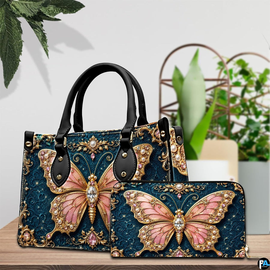 Lifestyle tabletop view showing baroque teal jewel butterfly artwork placed beside decorative indoor house plants.