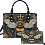 Crowned bumblebee handbag and matching wallet set featuring queen bee with pearlescent wings on black marble.