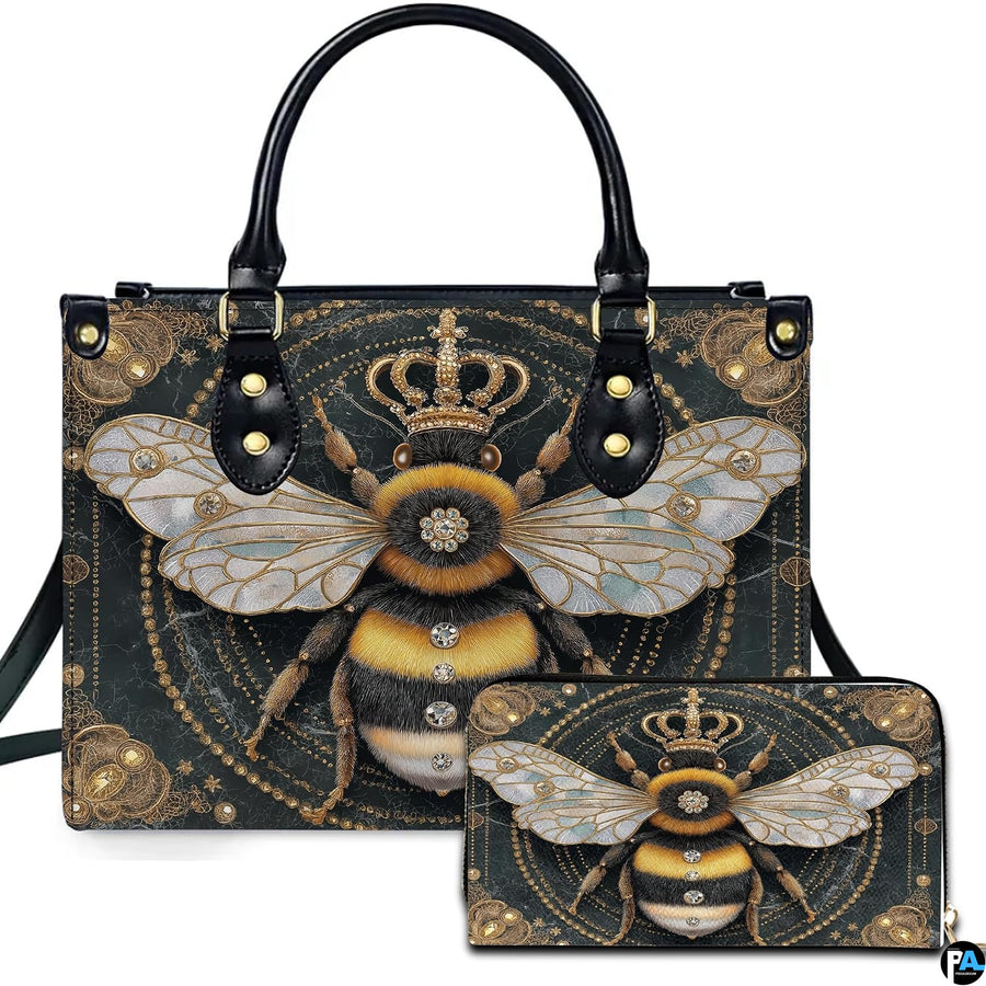 Crowned bumblebee handbag and matching wallet set featuring queen bee with pearlescent wings on black marble.