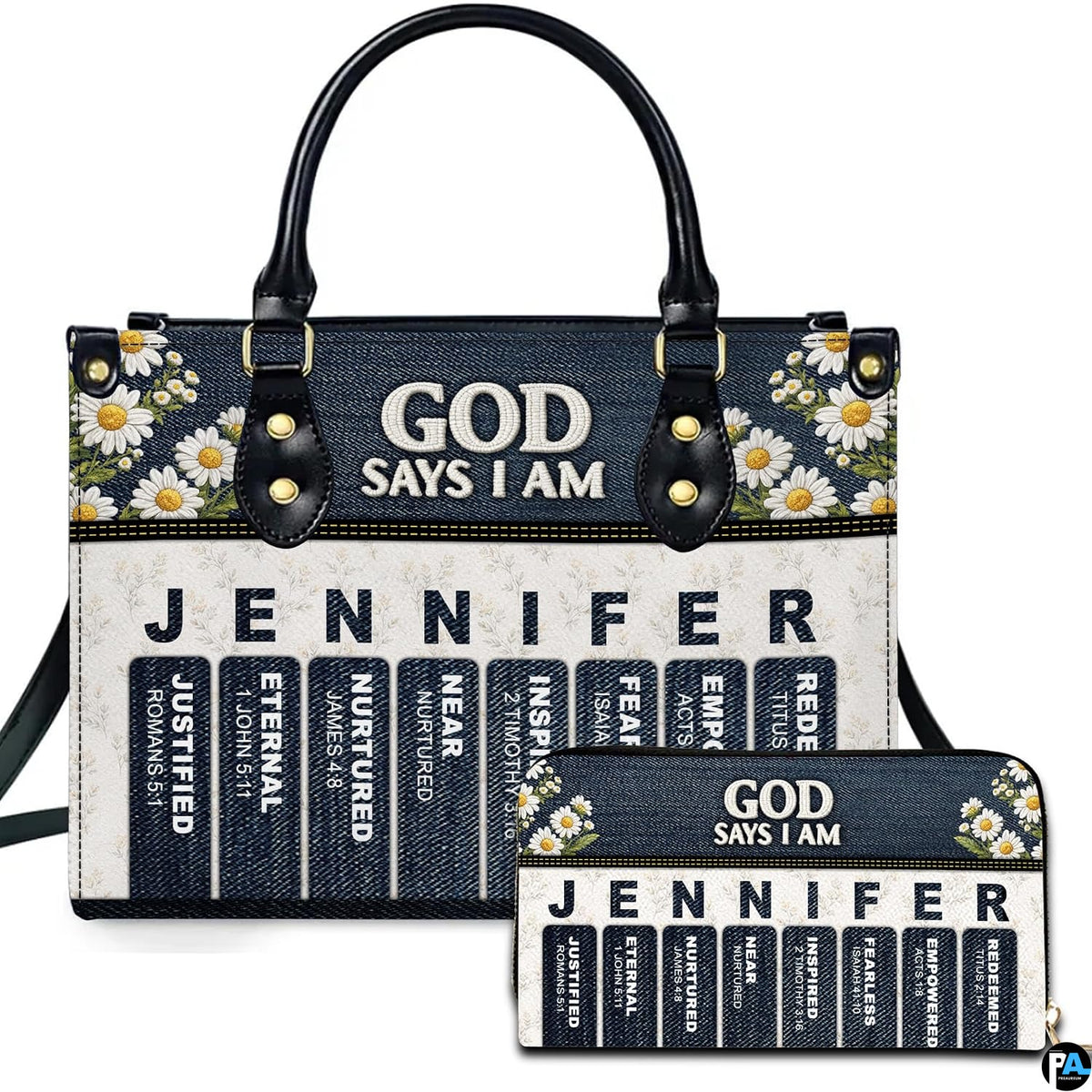 Front view of devotional accessory set showing denim daisy header and vertical scriptural promise banners