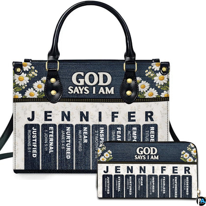 Front view of devotional accessory set showing denim daisy header and vertical scriptural promise banners