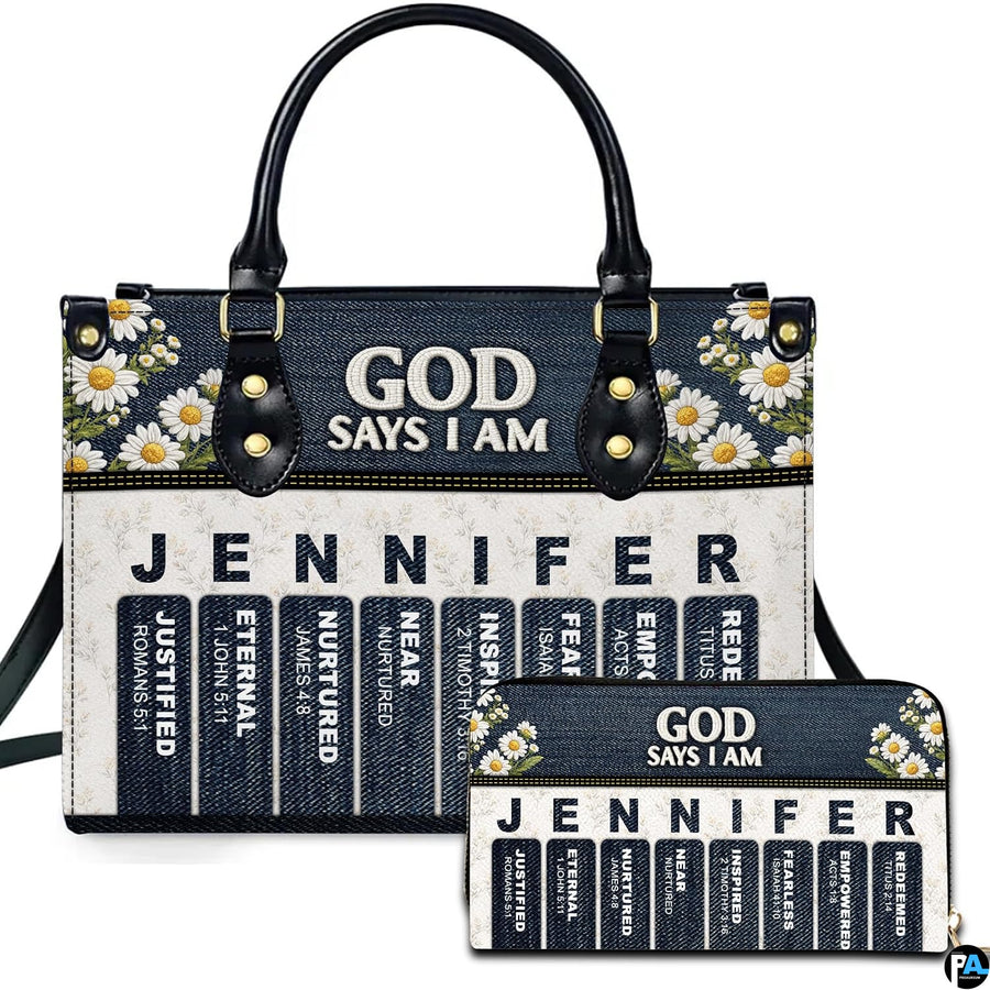 Front view of devotional accessory set showing denim daisy header and vertical scriptural promise banners