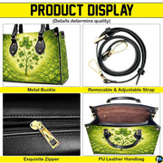 Detail views of clover tree handbag and visible components