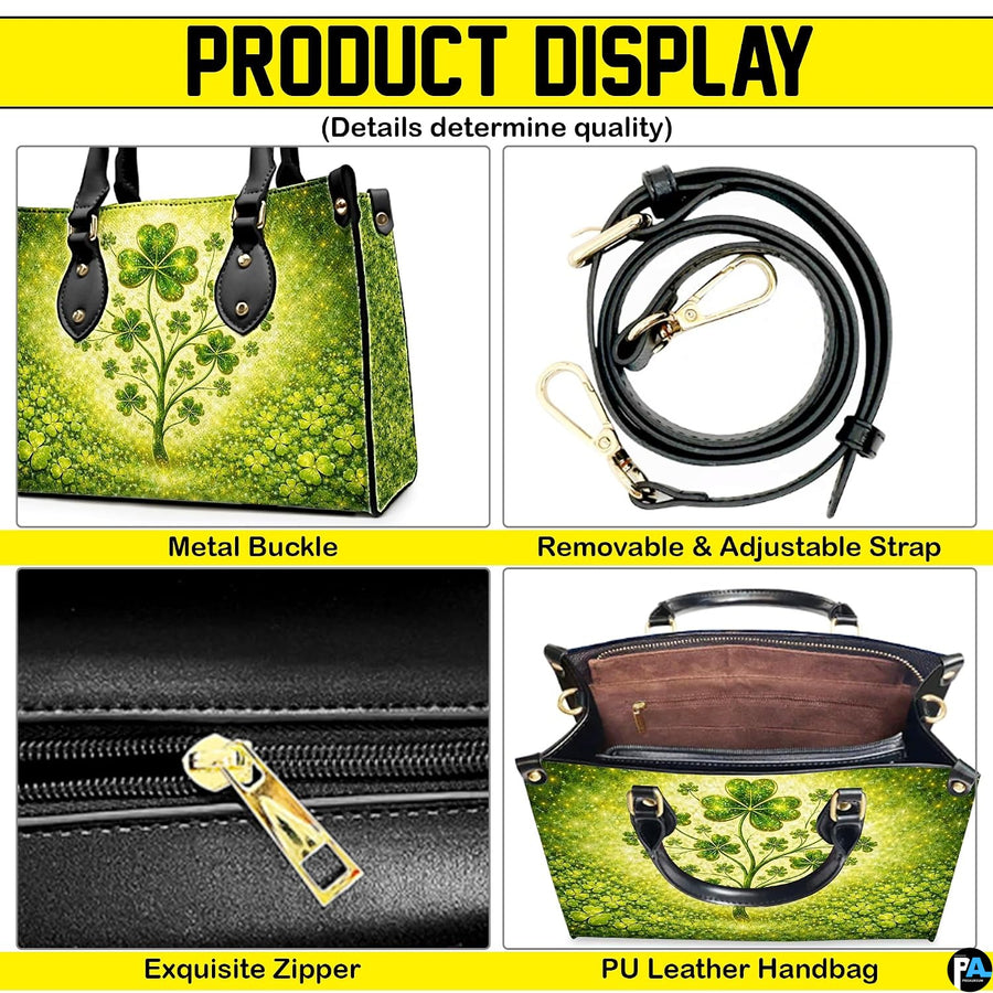 Detail views of clover tree handbag and visible components